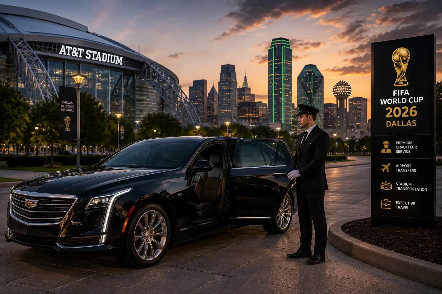 Dallas black car service FIFA World Cup 2026 Arlington chauffeur AT&T Stadium luxury limo