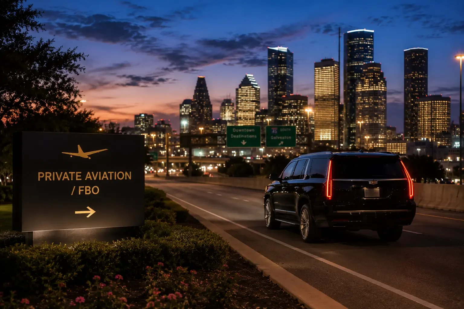 FBO transportation Houston private jet chauffeur luxury car service Signature Aviation Million Air MG Luxury Limo
