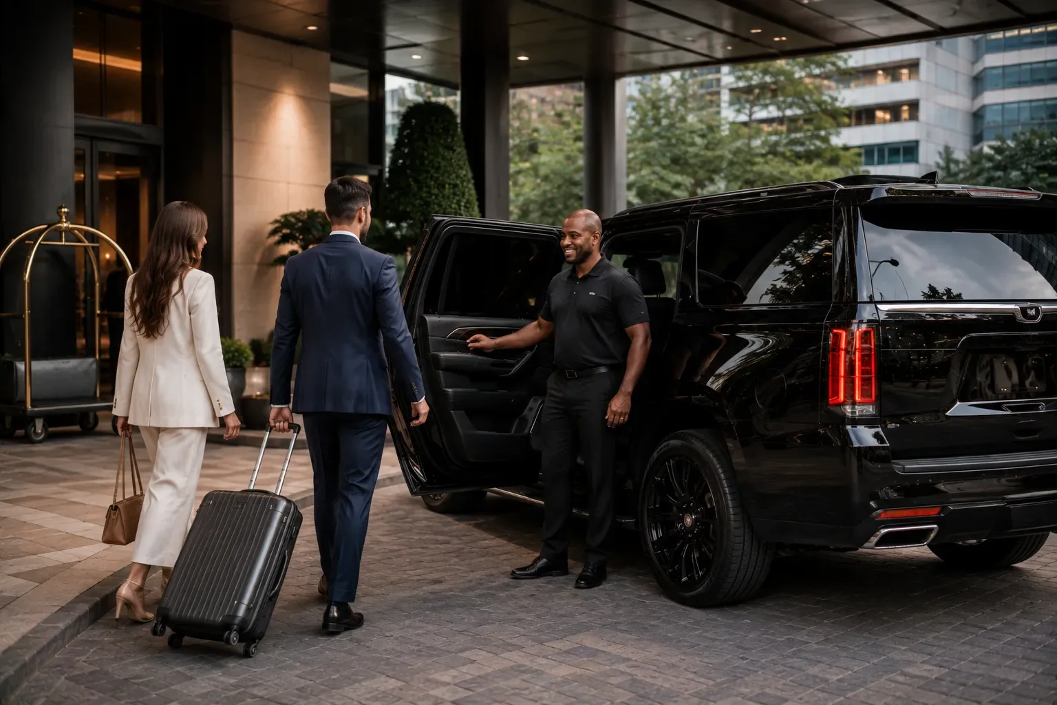 Car service Houston chauffeur assisting guests with luggage beside an SUV