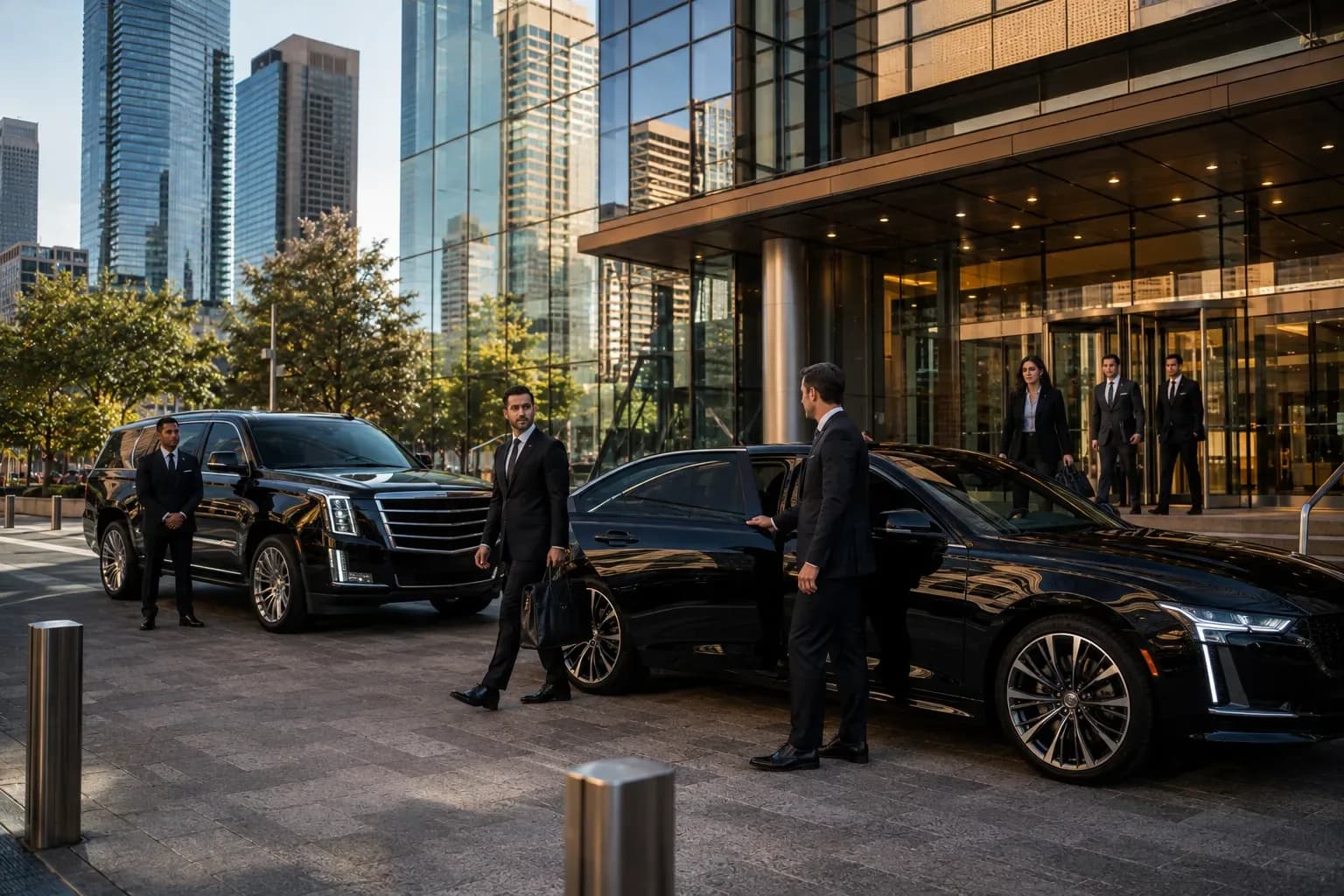 Executive Car Service Houston chauffeur opening SUV door for business client at sunset
