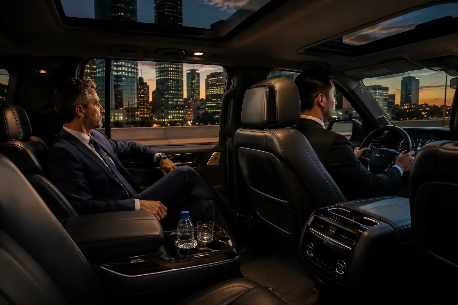 Luxury chauffeur service Houston chauffeur opening SUV door for client at hotel entrance