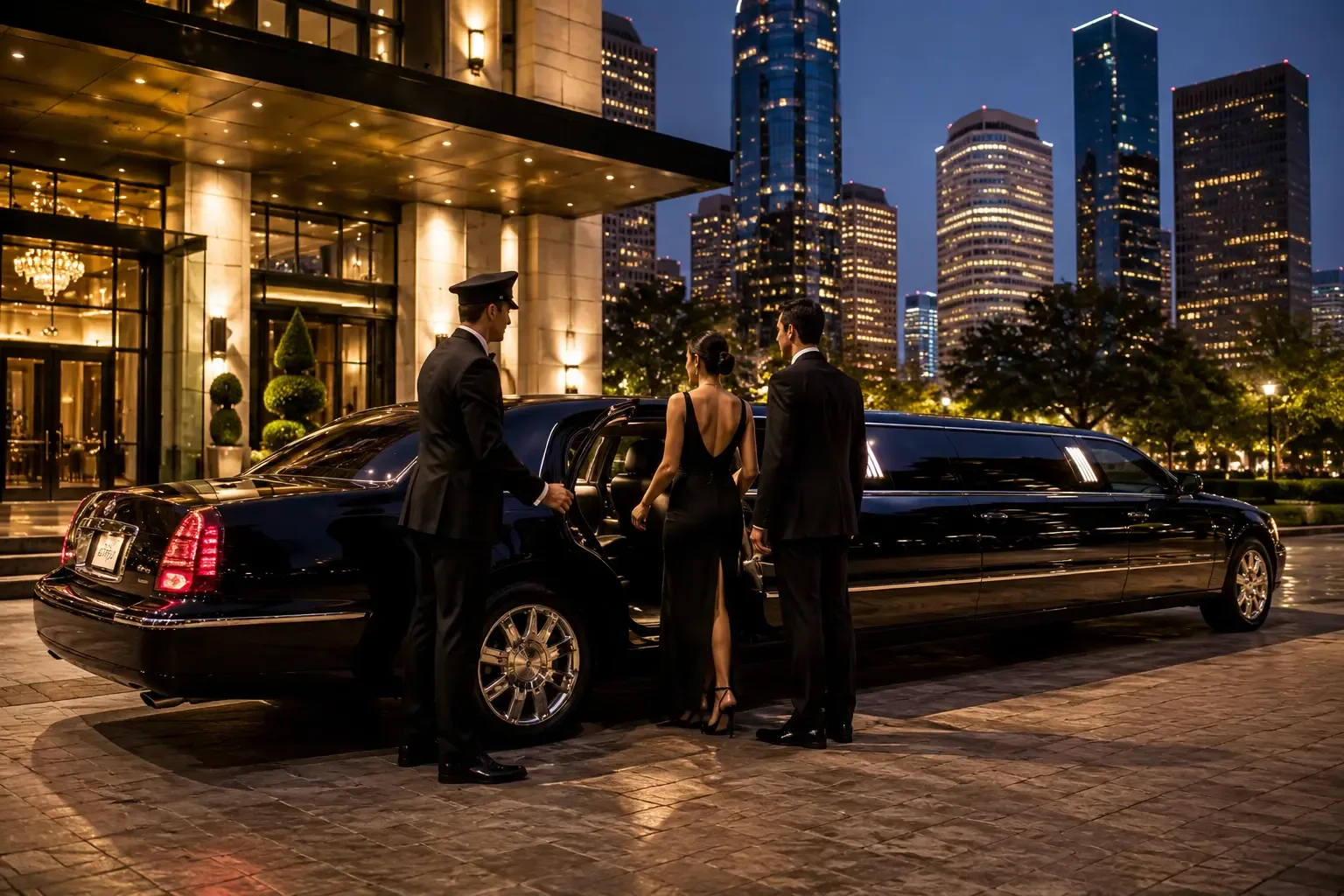 Houston TX Luxury Limousine chauffeur opening door for couple at hotel with Houston skyline