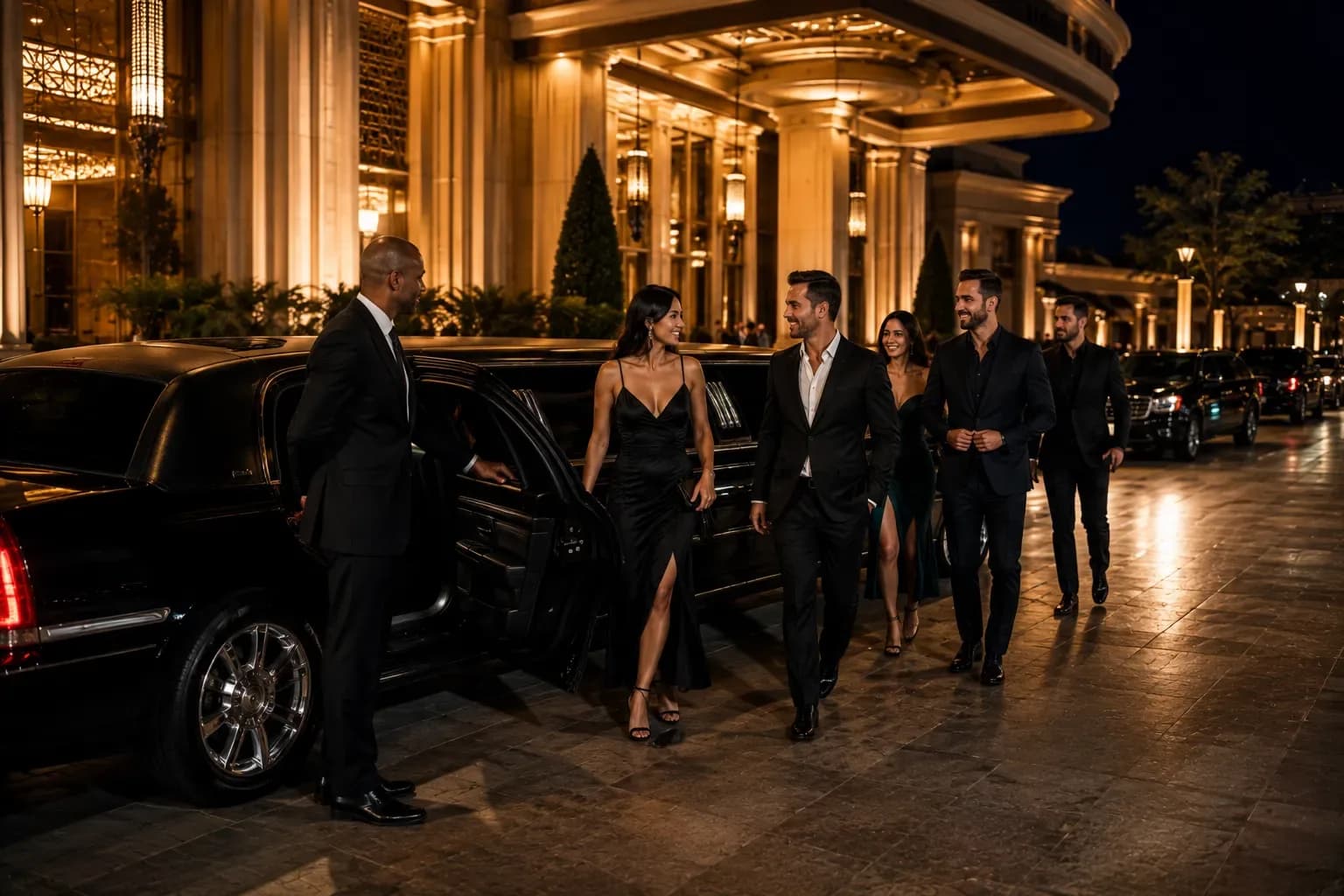Luxury Casino Transportation Houston chauffeur opening SUV door for couple at casino entrance
