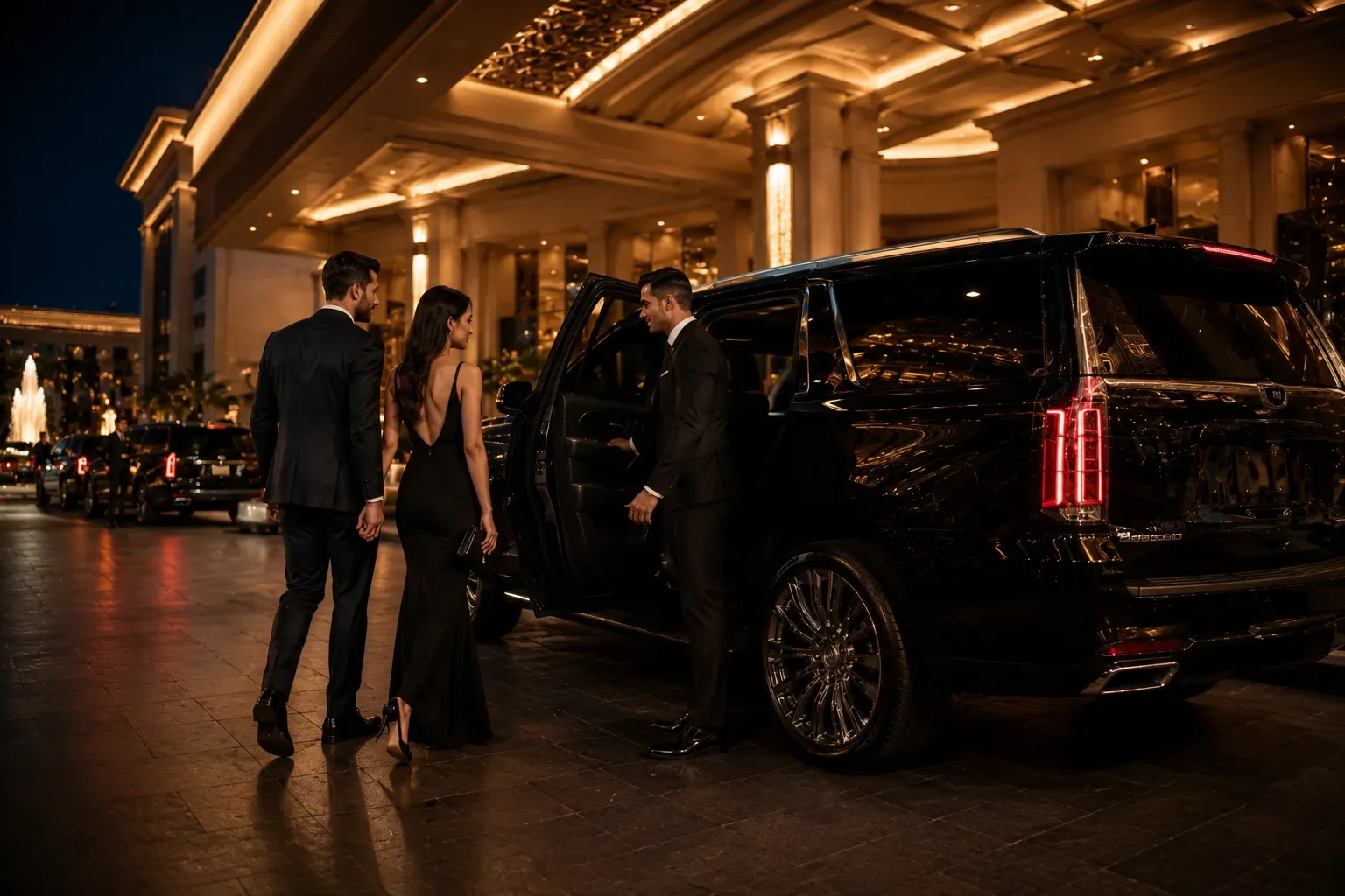 Luxury Casino Transportation Houston group exiting stretch limousine at casino entrance