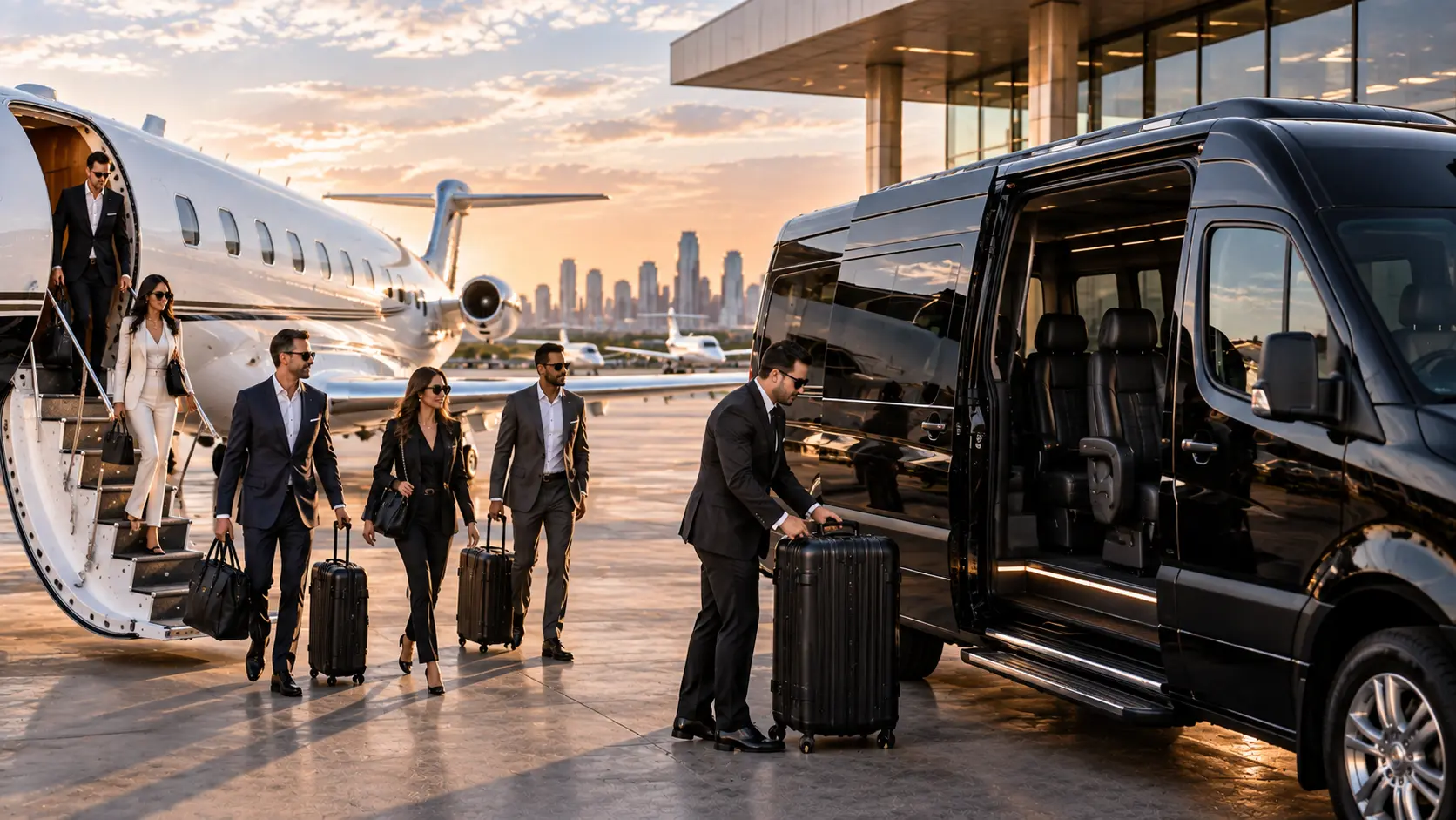 Private FBO transportation services Houston group boarding luxury Sprinter van beside private jet
