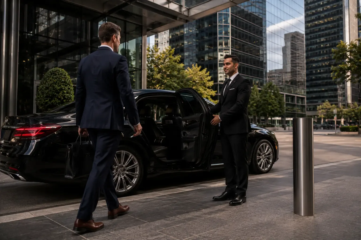 Chauffeur service Houston chauffeur opening sedan door for client at office building