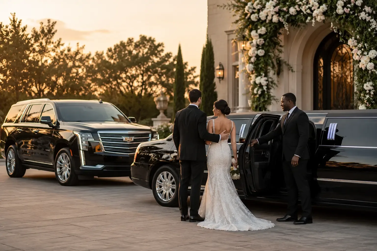 Wedding Transportation Houston bride and groom entering luxury limousine