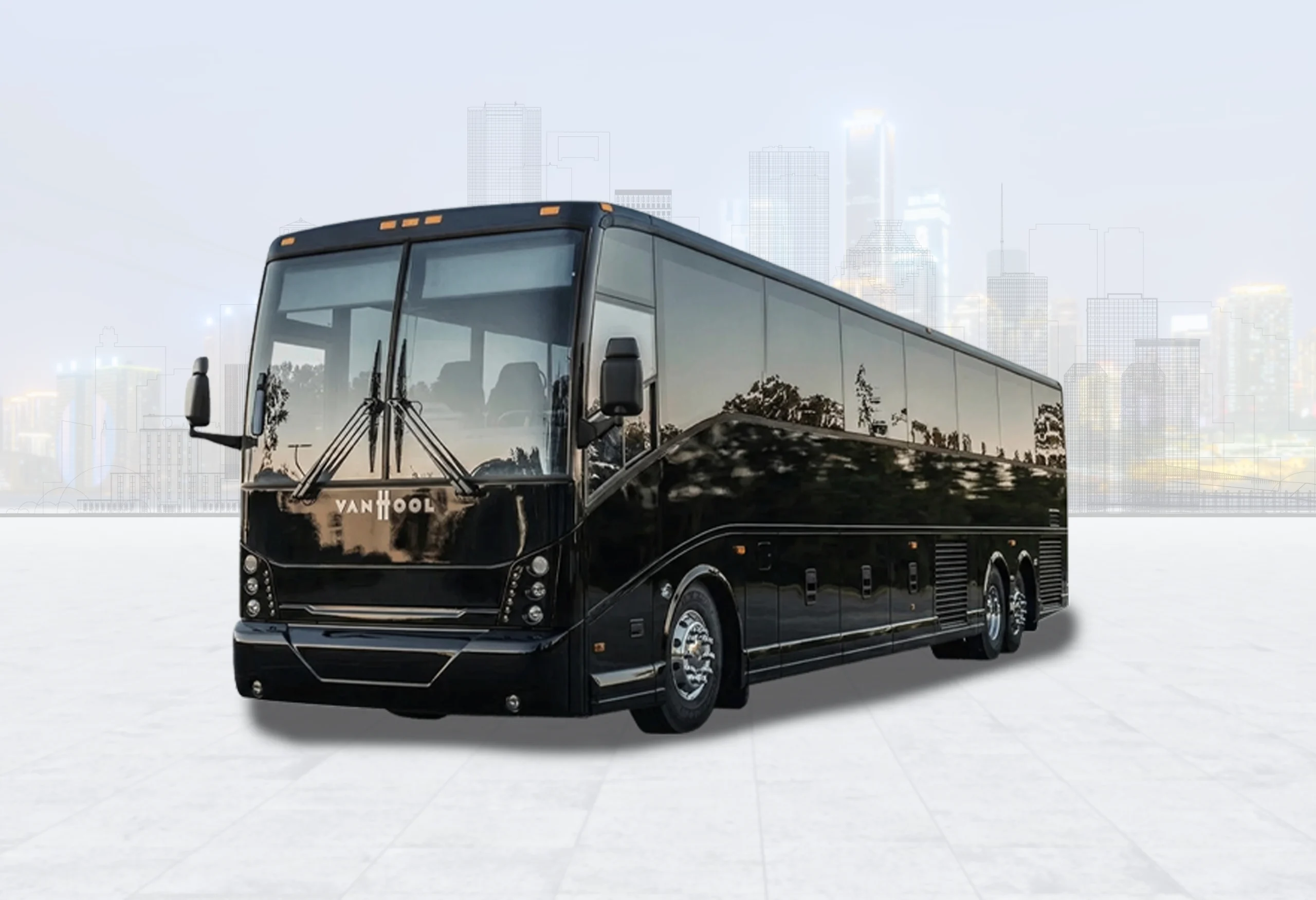 Black luxury charter bus against a Houston skyline backdrop