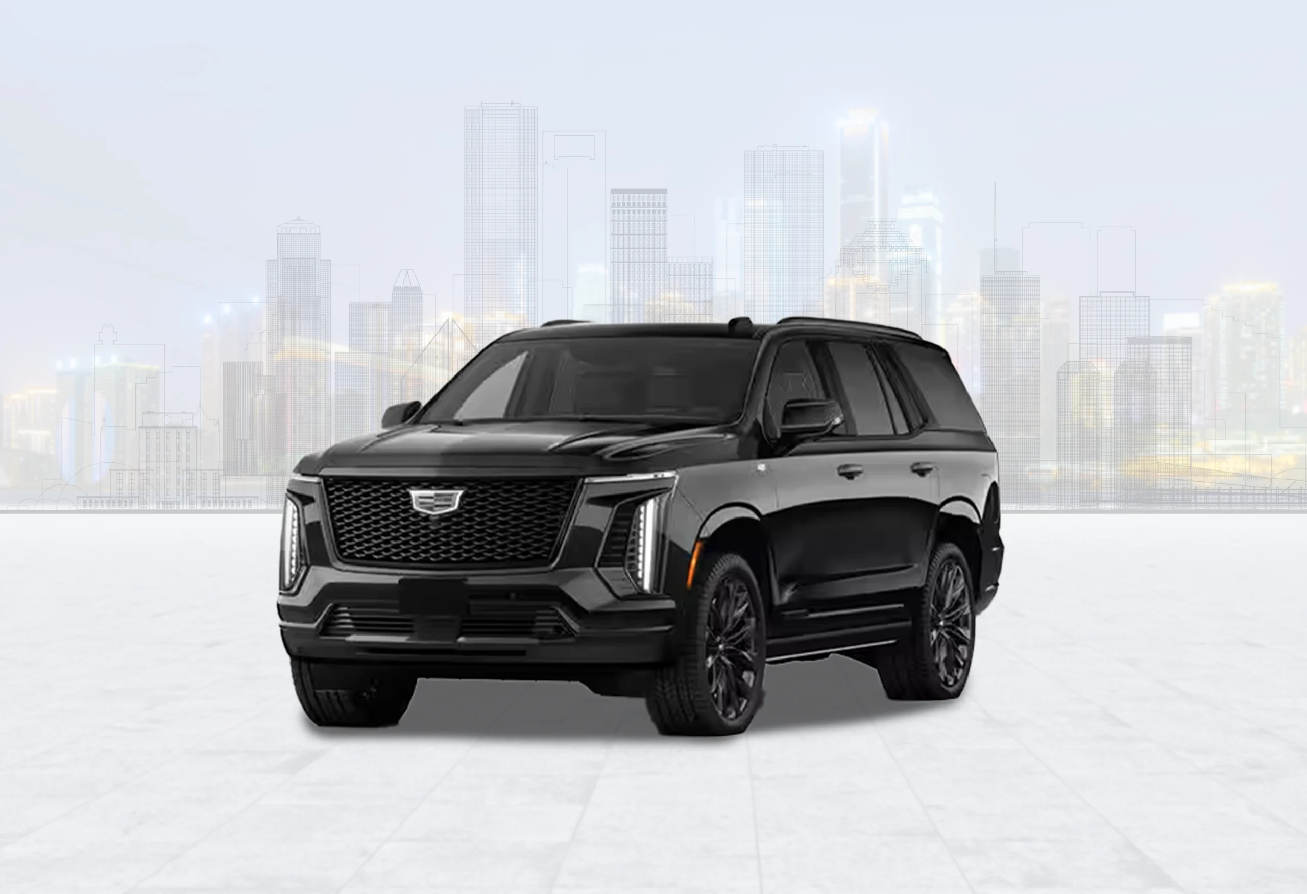 Black executive SUV against a Houston skyline backdrop