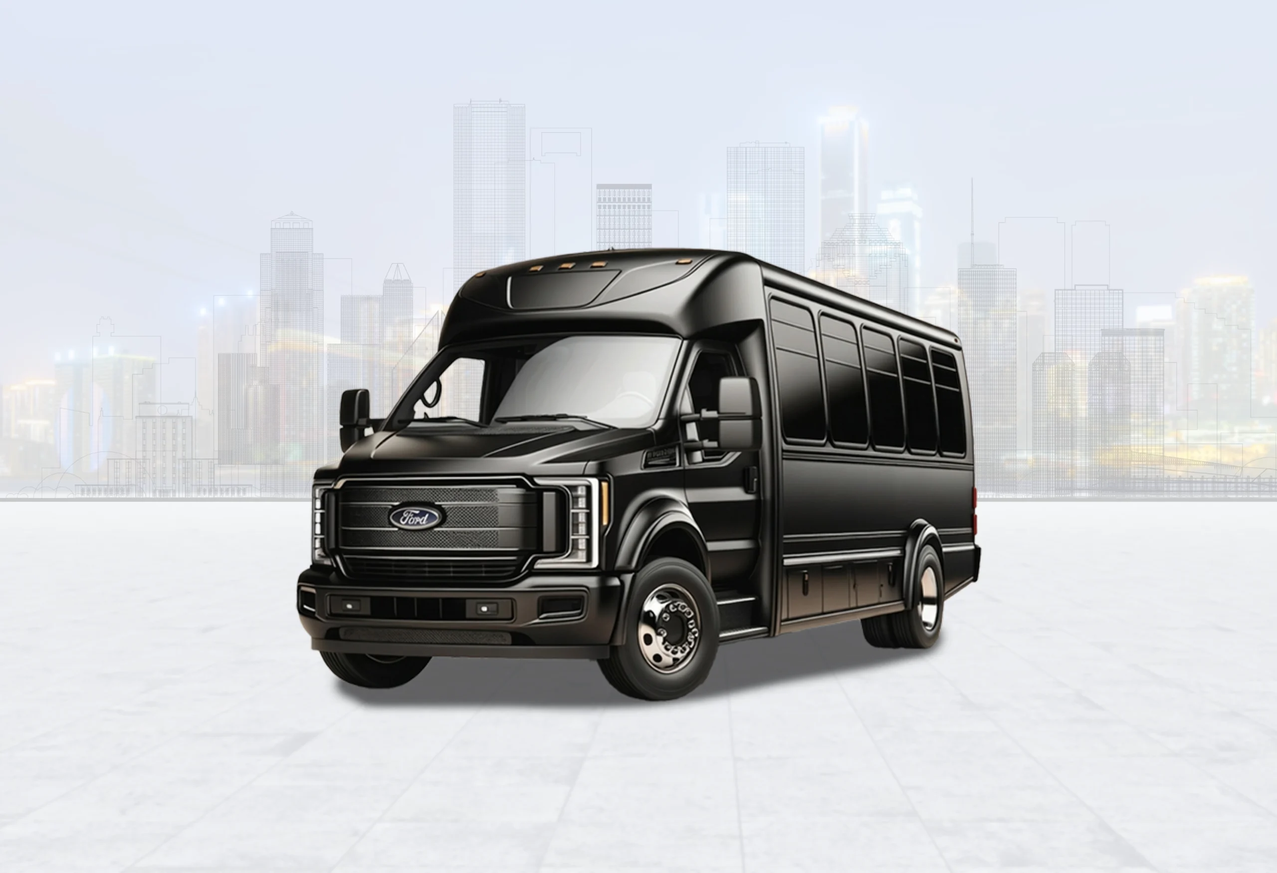 Black party bus against a Houston skyline backdrop