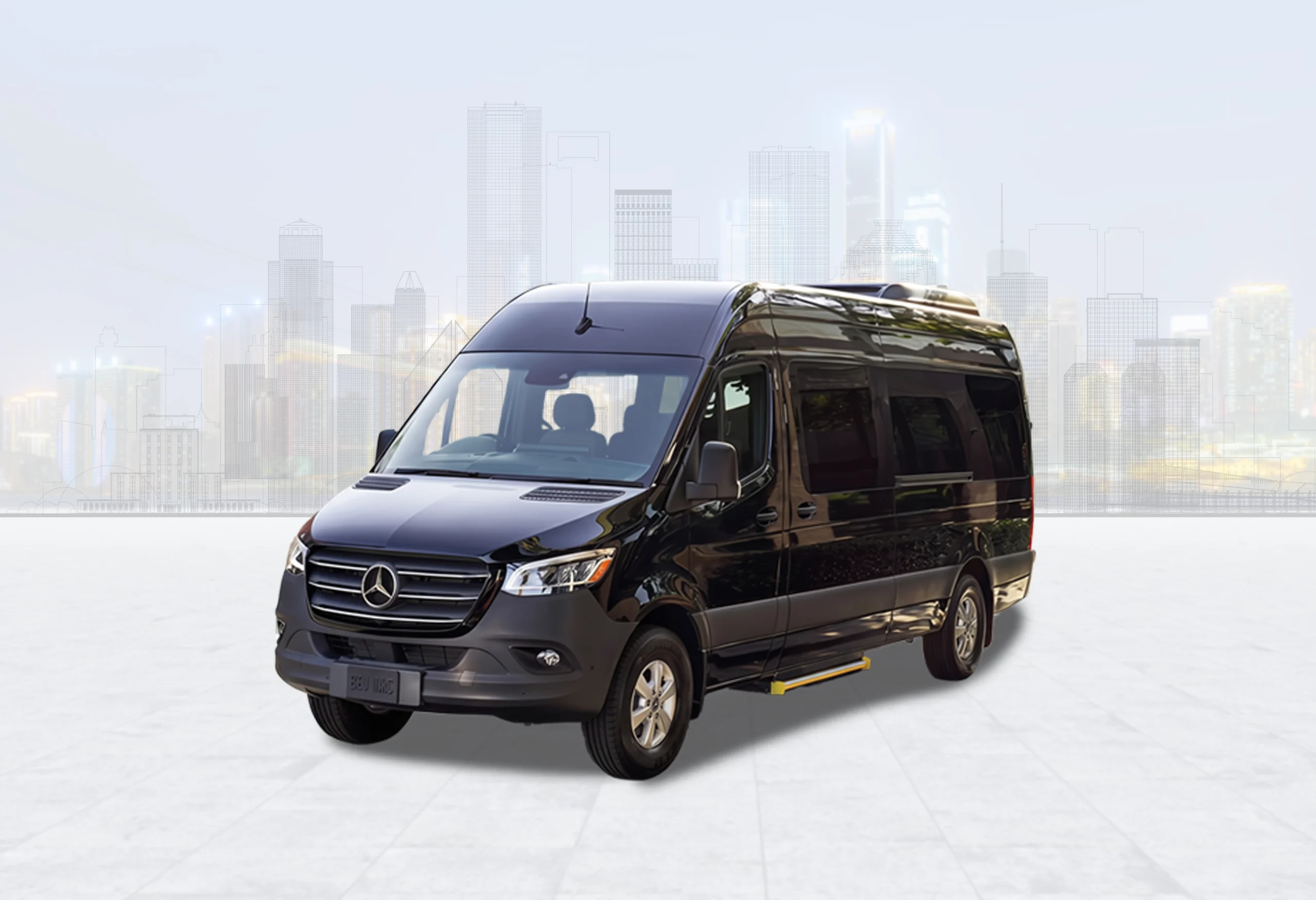 Black Mercedes Sprinter van against a Houston skyline backdrop