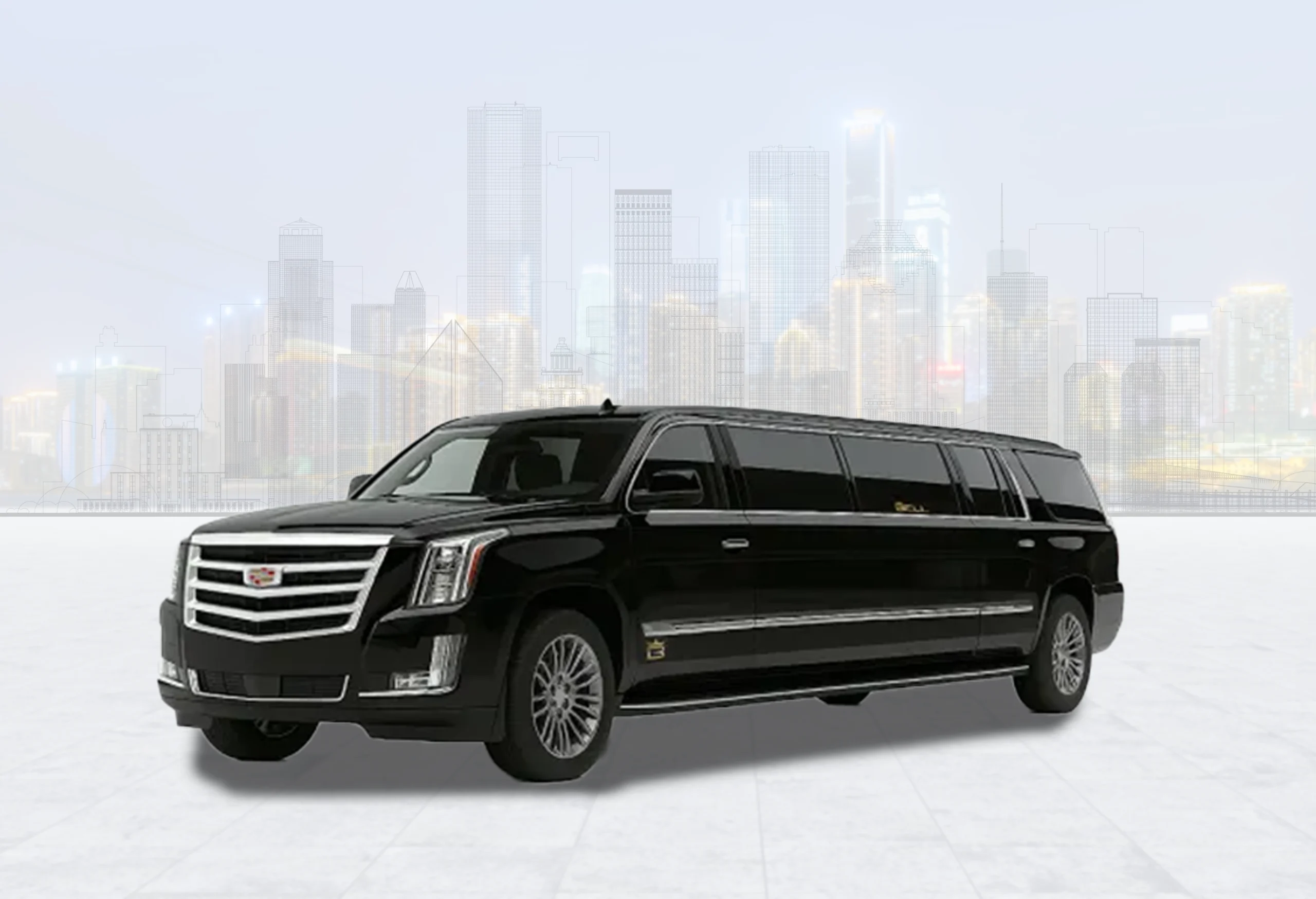 Black stretch SUV limousine against a Houston skyline backdrop