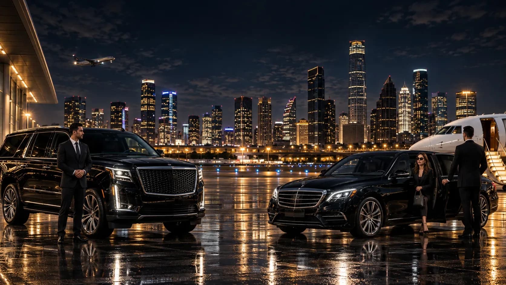 Luxury car on an American highway at dusk