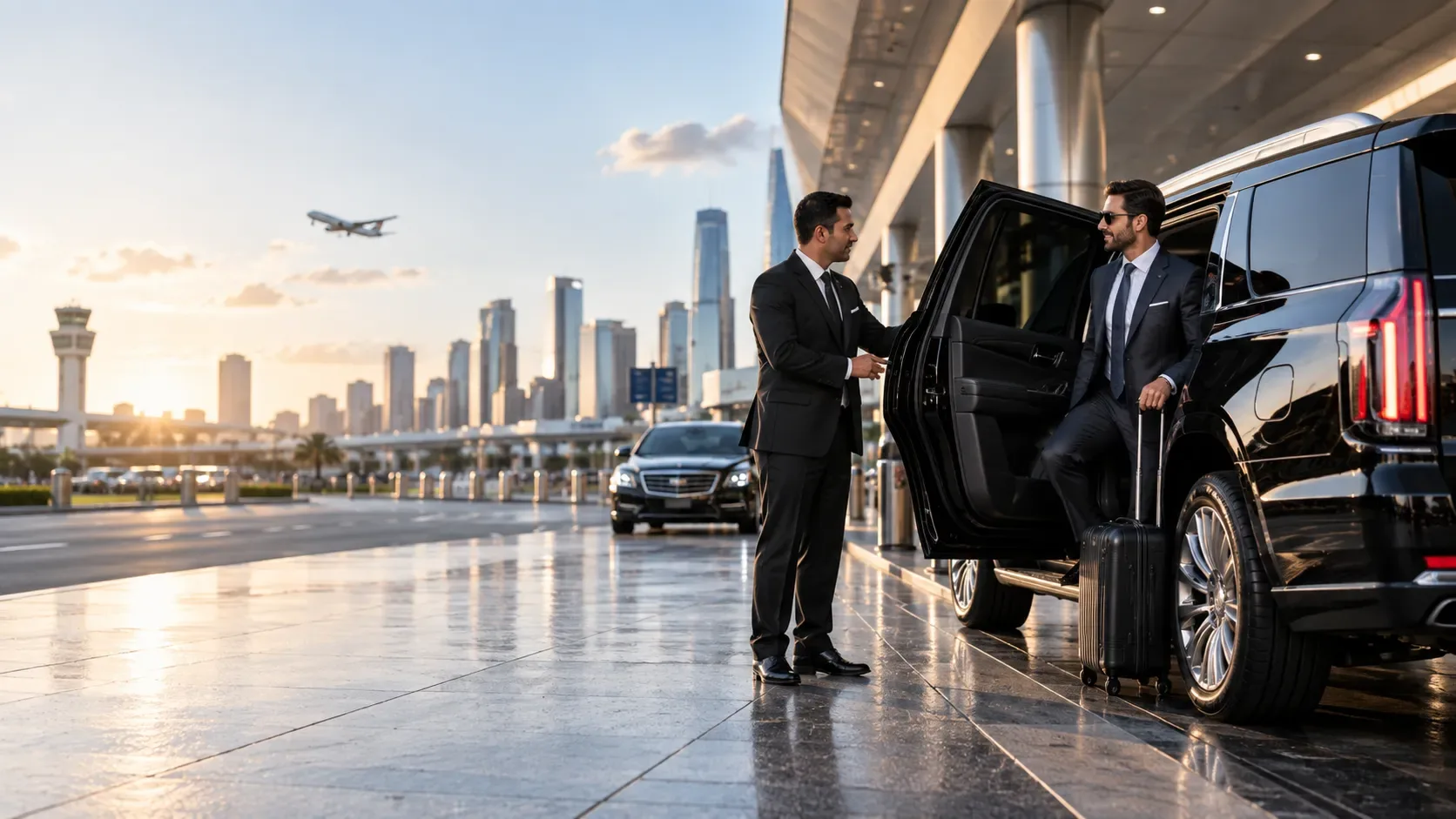 Chauffeur waiting beside a luxury car outside a city terminal