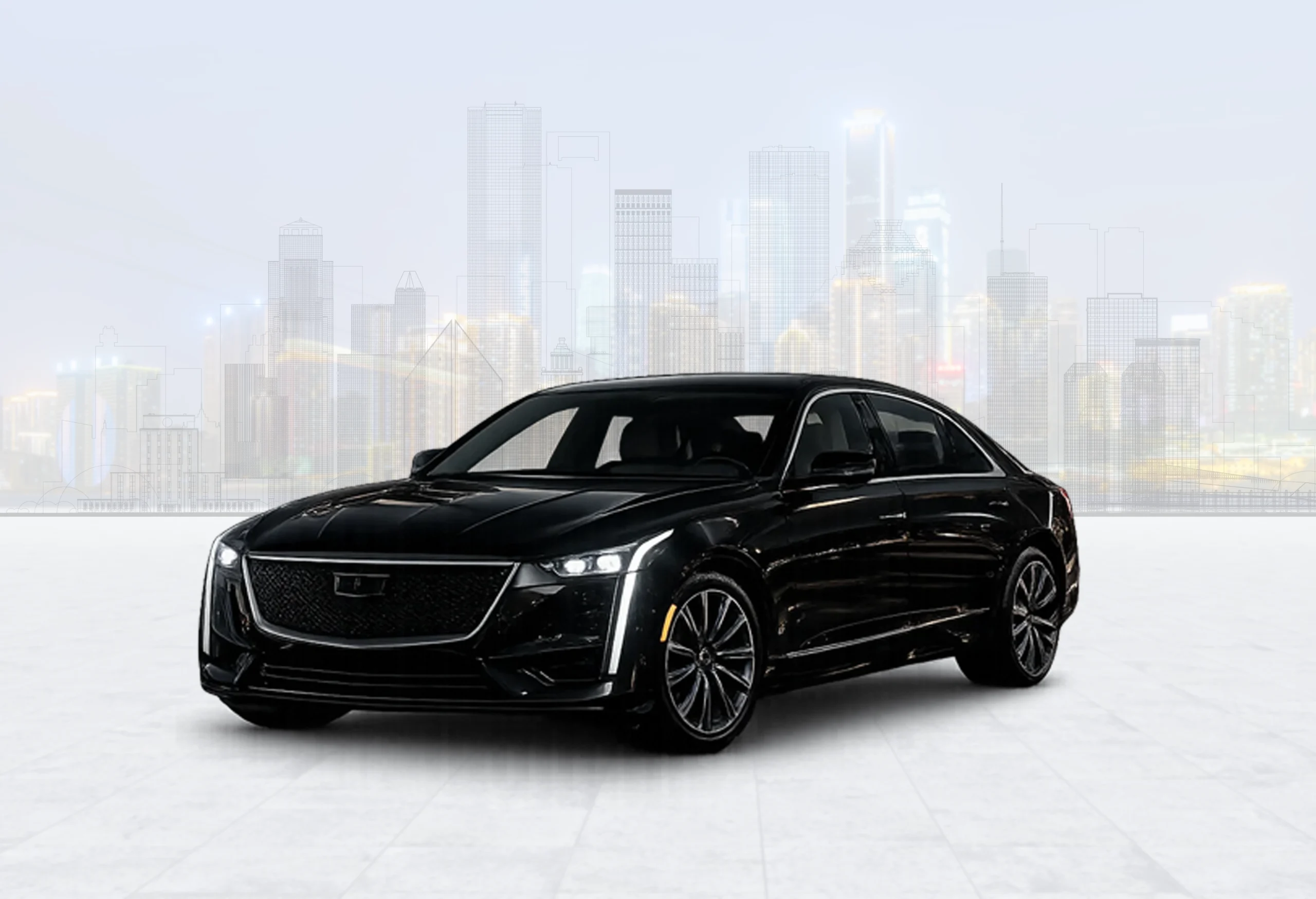 Black luxury sedan against a Houston skyline backdrop