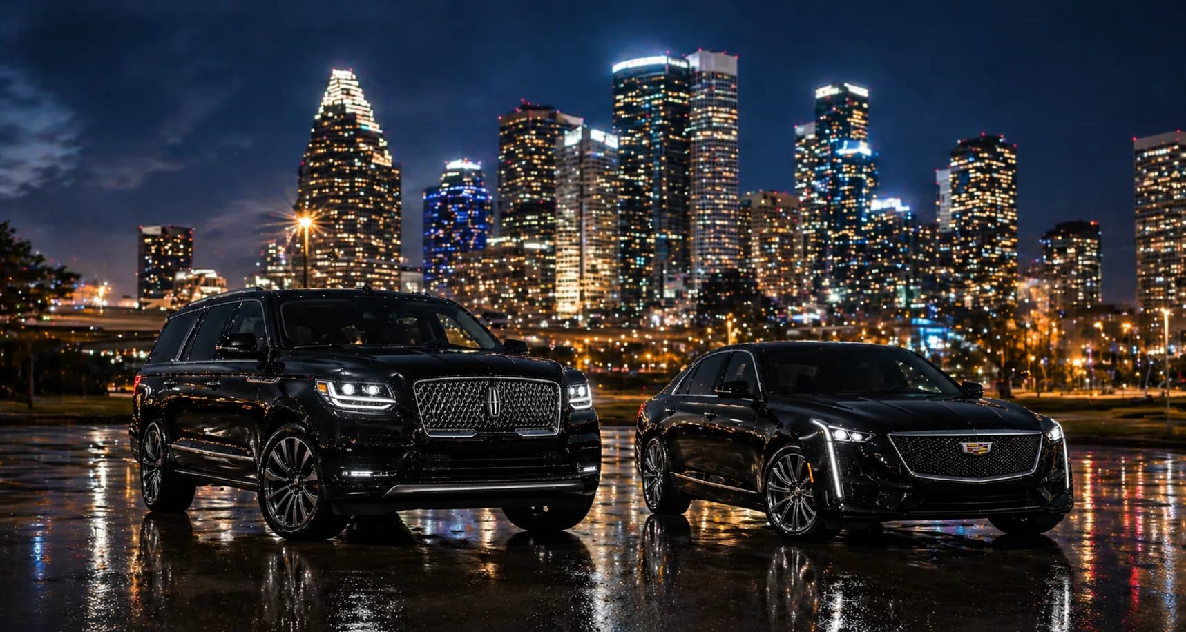 Black luxury car waiting at night on a Houston street