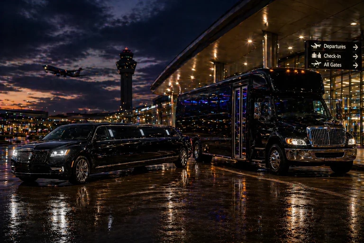 Stretch limousine waiting outside a Houston venue at night