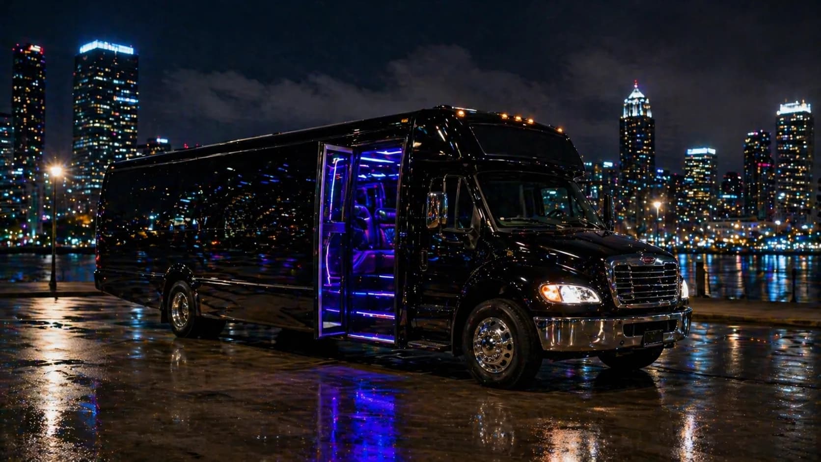Party bus lit up at night on a Houston street