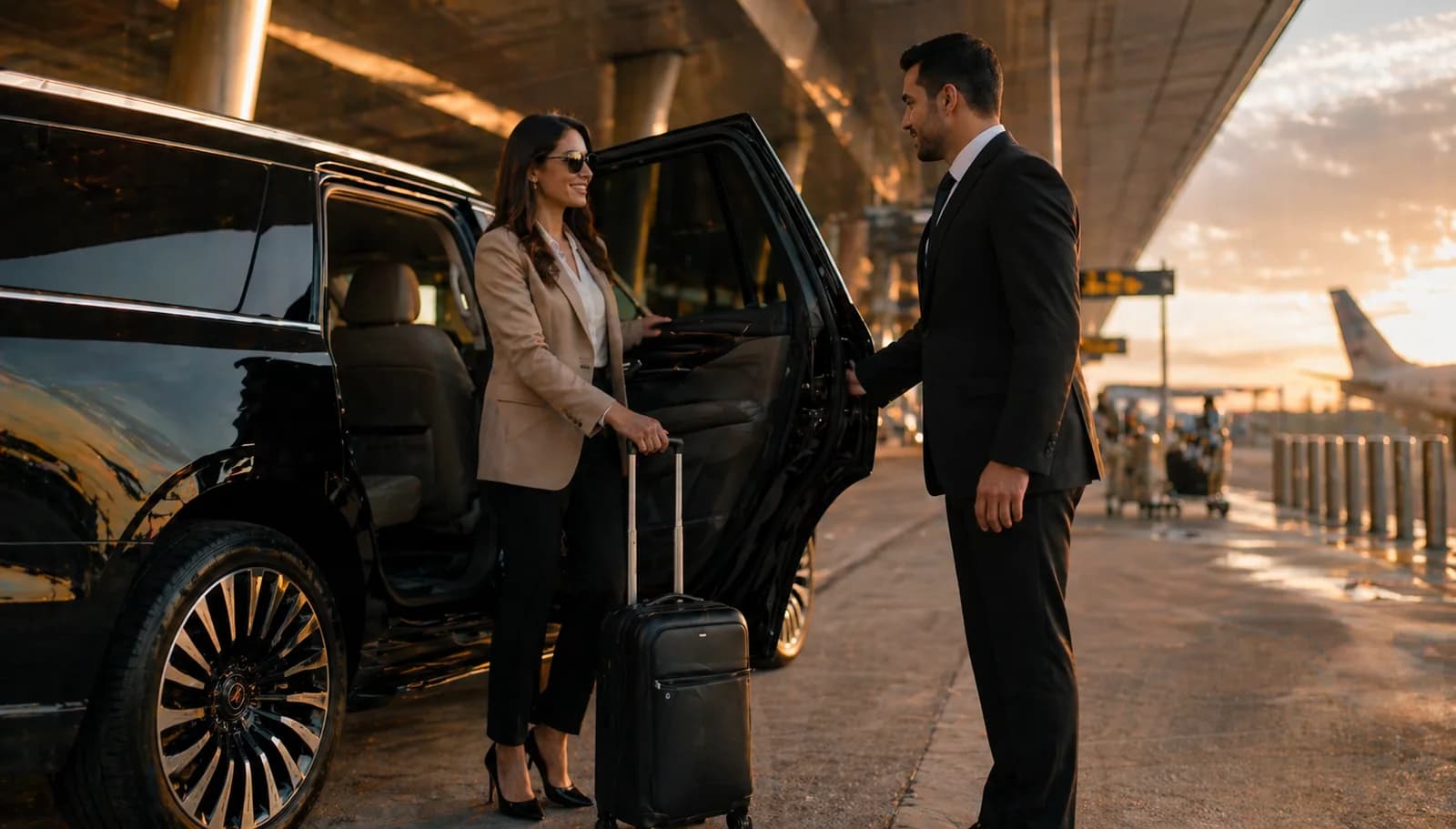 Luxury car pulling up to a Houston airport terminal