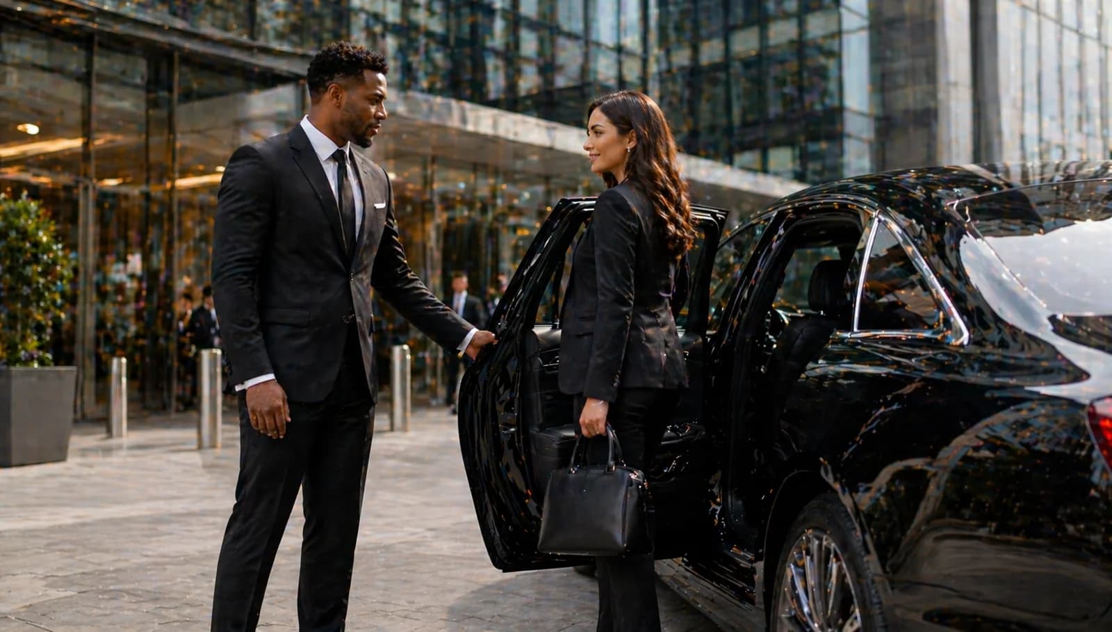 Chauffeur in uniform holding open a luxury car door