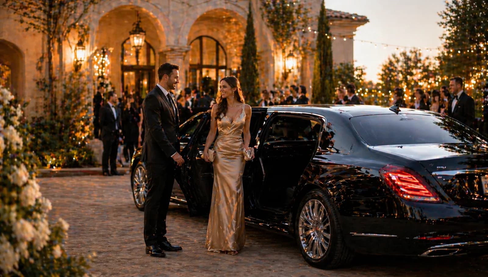 Guests arriving at an event by luxury car