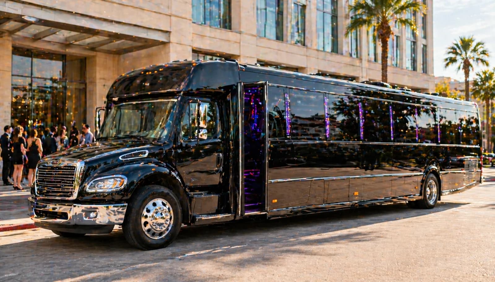 Party bus interior lit with coloured lighting